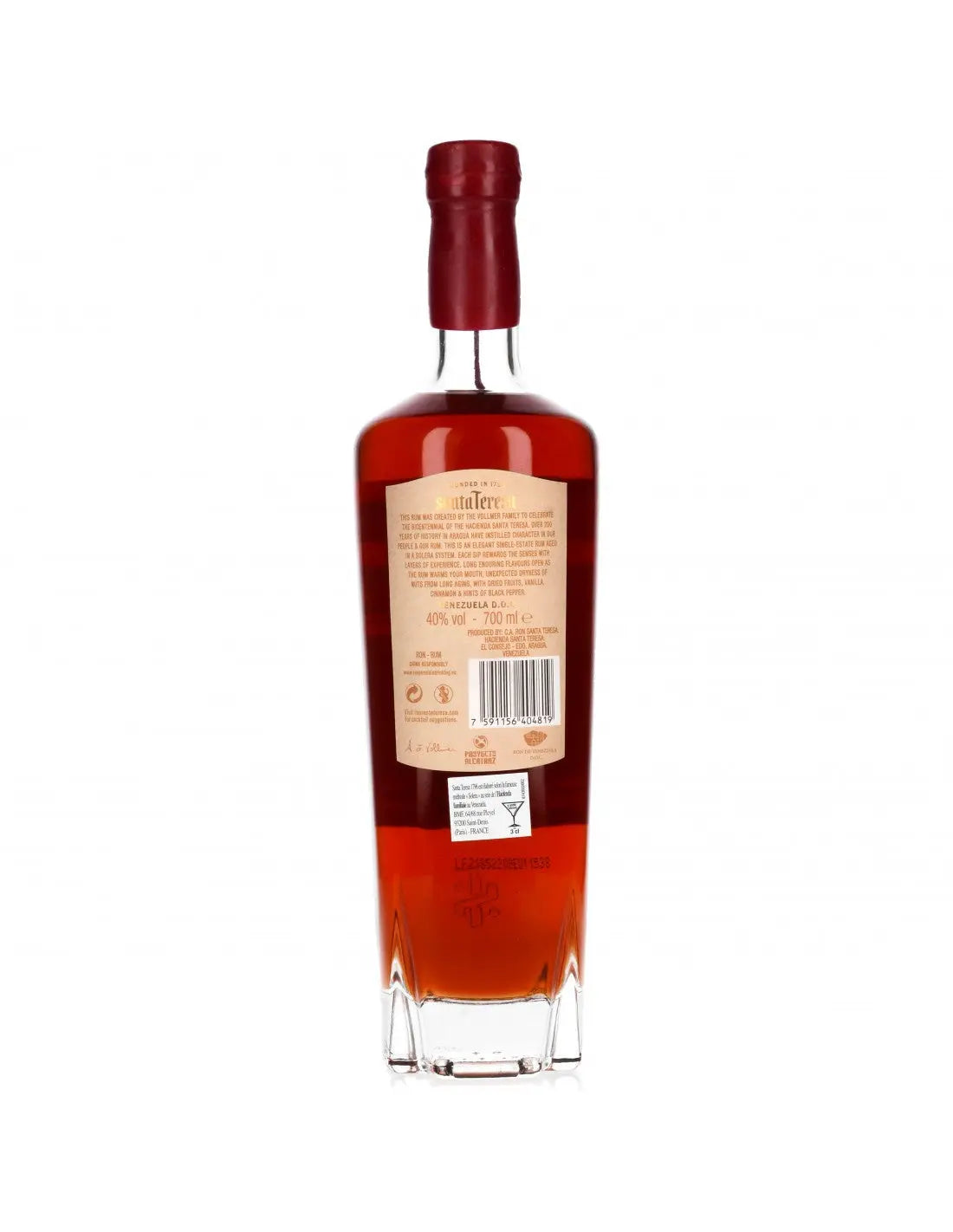 Dos de la bouteille de Rhum du Venezuela Santa Teresa 1796 70cl 40% Les 2 cavistes
